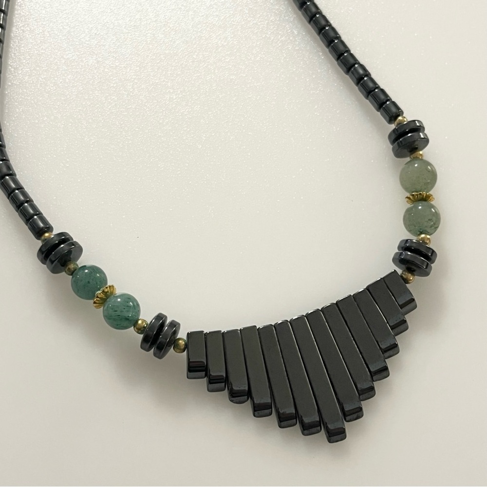 Vintage Hematite Stone Bib With Jade Stone Beaded Accents Necklace